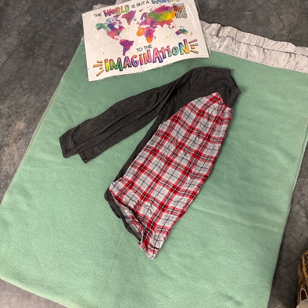 Simply Southern Gray Shirt with Red Plaid Checkered Back Sequin Pineapple L